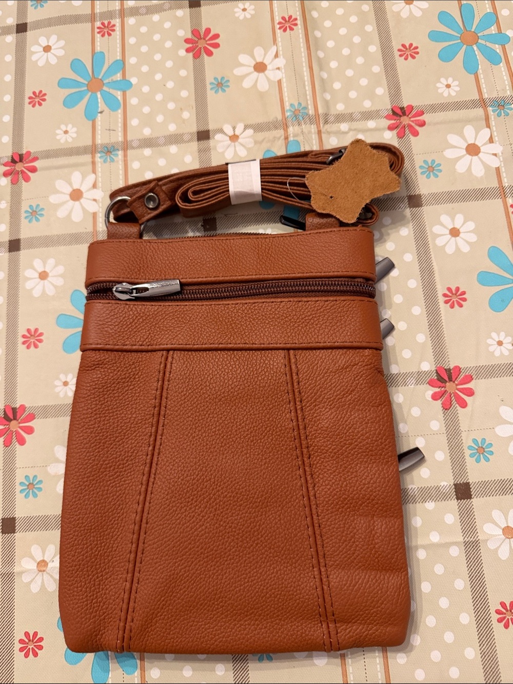 Womens Crossbody Shoulder Bag in Brown - Slim Multi-Zip Travel Pouch - Picture 2 of 5